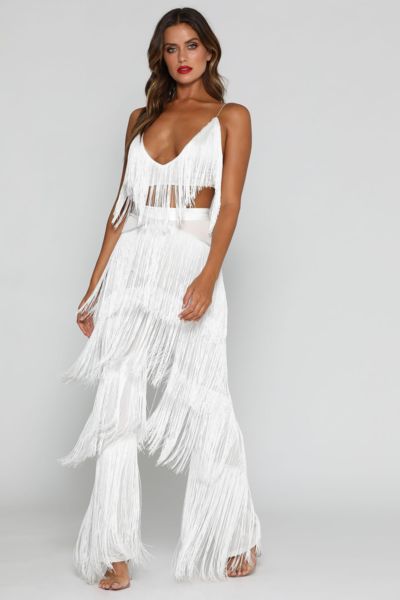 Amira Fringe Pants - White - MESHKI Tassel Jumpsuit, Tassel Outfit, Women Romper, Outfits Jewelry, Fringe Pants, Cheap Jumpsuits, Two Piece Jumpsuit, Loose Jumpsuit, Jumpsuit Elegant