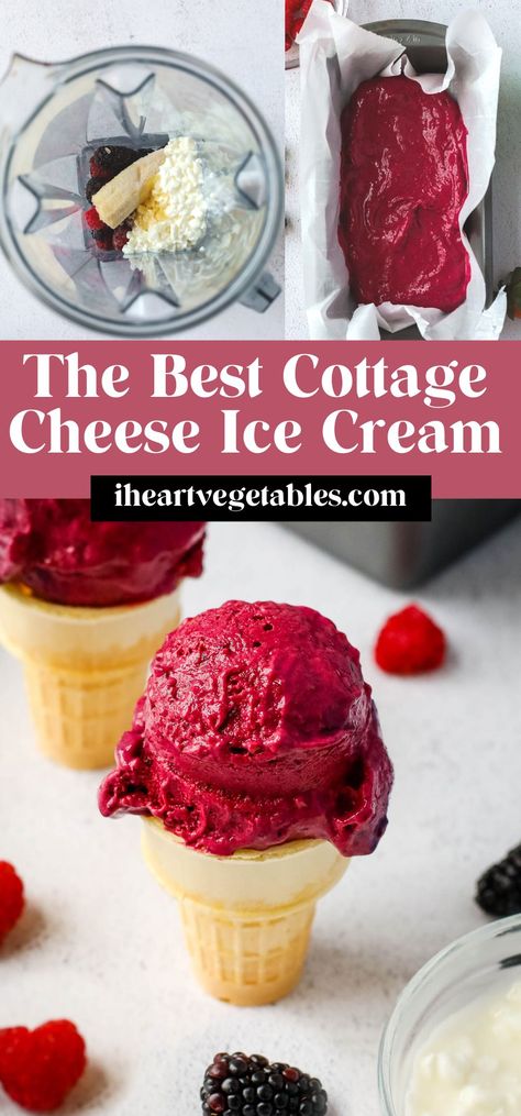 This tasty ice cream is made with frozen fruit and cottage cheese for a healthy treat that is creamy and delicious! It only takes a few minutes to make this simple recipe! Healthy Ice Cream Recipes Clean Eating, Ice Cream Made From Cottage Cheese, Raspberry Cottage Cheese Ice Cream, Blueberry Cottage Cheese Ice Cream, Cottage Cheese Ice Cream Peanut Butter, Keto Cottage Cheese Ice Cream Recipes, Cottage Cheese Popsicles, Frozen Cottage Cheese Bark, Ice Cream Made With Cottage Cheese