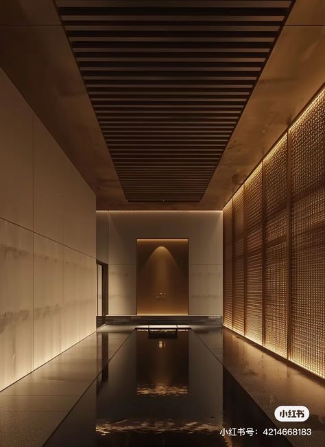 Spa Corridor Design, Spa Corridor, Dark Indoor Pool, Thermal Spa Architecture, Brutalist Swimming Pool, Outdoor Interior Design, Inside Pool, Interior Design Portfolio Layout, Healthcare Interior Design