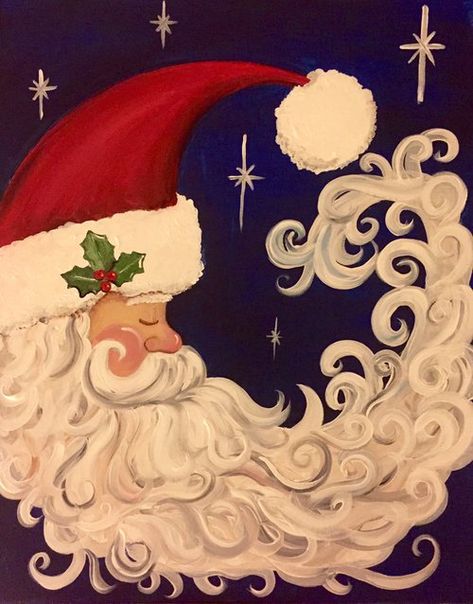 Village Arts Santa Moon, Christmas Whimsy, Santa Paintings, Santa Art, Diy Watercolor Painting, Holiday Painting, Moon Illustration, Christmas D, Christmas Canvas