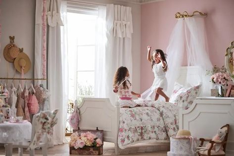 Pottery Barn Teen And Pottery Barn Kids Launch A Vintage-Inspired Collection With LoveShackFancy Tulle Canopy, Floral Prints Fashion, Ruffle Shower Curtains, Floral Chair, Fancy Bows, Love Shack Fancy, Kids Pottery, Candle Style Chandelier, Furnishings Design