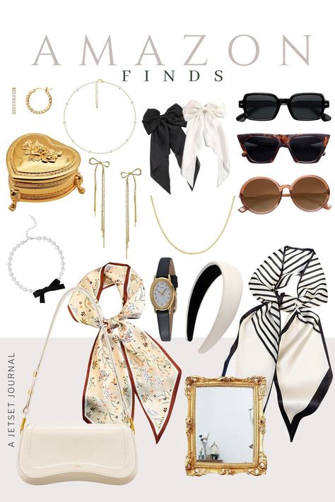 Embrace the 'Old Money' aesthetic without breaking the bank with these chic Amazon finds! Classic scarves in various patterns for versatile styling. Elevate your look with a timeless watch featuring a small black band and gold detailing. Bows are a must for the aesthetic – opt for adorable bow drop earrings and a pearl and bow detail choker necklace. Complete the effortlessly chic vibe of these old money outfit ideas with black or white bows in your hair. Bows Aesthetic Outfit, Old Money Headband, Old Money Essentials Woman, Old Money Accessories Woman, Old Money Earrings, Old Money Accessories, Old Money Necklace, Aesthetic On A Budget, Aesthetic Amazon Finds