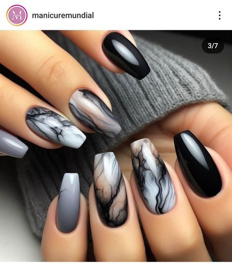 Grey And White Gel Nails, Matt White Nails With Design, Black White Gray Silver Nails, Grey Gothic Nails, Matte Marble Nail Designs, Gel Polish Nail Designs Black, Black And Silver Marble Nails, Gray And Black Nails Ideas, Smokey Marble Nails