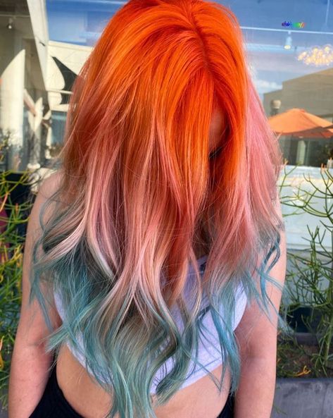 Orange Ombre Hair, Pink And Orange Hair, Pink Ombre Hair, Red Ombre Hair, Blue Ombre Hair, Vivid Hair Color, Peach Hair, Pulp Riot, Punk Hair