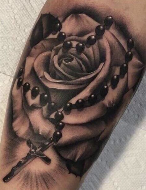 Sleeve Tattoos Meaningful, Rose And Rosary Tattoo On Hand, Rose And Cross Tattoos For Men, Rose With Rosary Tattoo Hand, Rose And Rosary Tattoo, Rose And Rosary Tattoo Design, Rosary And Rose Tattoo, Rose With Rosary Tattoo Design, Rose Tattoo With Rosary