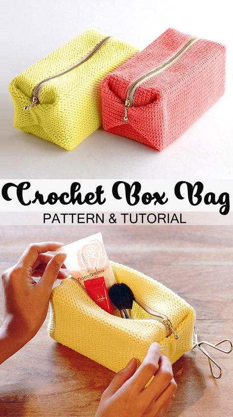 Easy Zipper Box Bag Tutorial | Crochet | Box Bag Pattern, Diy Trousse, Crochet Zig Zag, Makeup Bag Pattern, Crochet Pencil Case, Box Bag Tutorial, Pouch Ideas, Crochet Travel, Tote Crochet