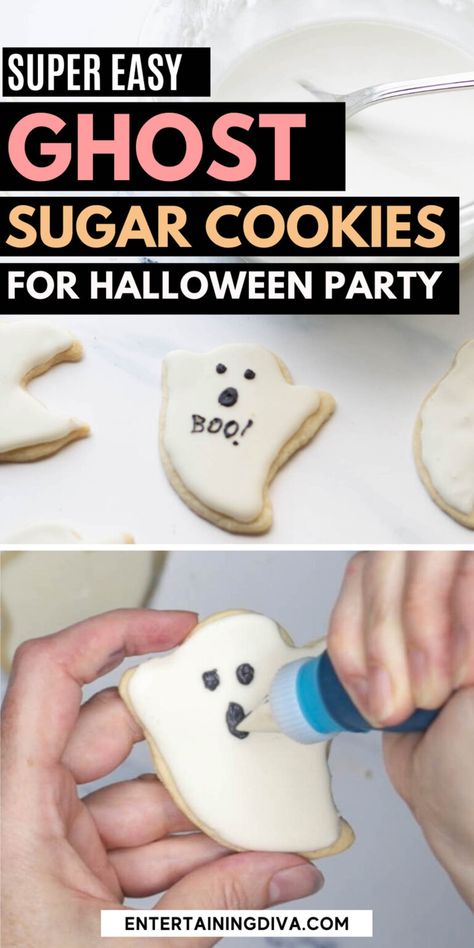 Halloween Ghost Sugar Cookies With White Royal Icing | Holidays and events Ghost Sugar Cookies, White Royal Icing, Making Sugar Cookies, Cookie Recipes Decorating, Halloween Cookie Recipes, Sugar Cookie Recipe Easy, Jello Shot, Ghost Cookies, Sugar Cookie Recipe