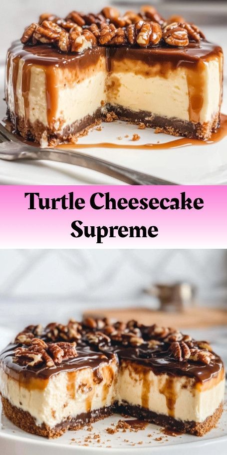 Decadent Turtle Cheesecake Delight Recipe | Creamy, Gooey, and Indulgent Indulge in the rich and luscious layers of creamy cheesecake, gooey caramel, crunchy pecans, and drizzled chocolate with this irresistible Turtle Cheesecake Delight. Perfect for impressing any crowd, this dessert is sure to be a hit. #TurtleCheesecake #CheesecakeLovers #DessertGoals #BakingFun #HomeBaking #SweetIndulgence #PecanDelight #CaramelLovers #ChocolateDream :cake::turtle::chocolate_bar: Chocolate Turtle Cake Recipe, Caramel Pecan Cheesecake Recipes, Turtle Dessert, Pecan Cheesecake Recipes, Cheesecake Delight, Pecan Pie Cheesecake Recipe, Thanksgiving Cheesecake, Cheesecake Base, Caramel Cheesecake Recipes