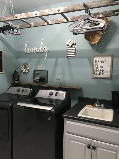 Ladder In Laundry Room Hanging, Laundry Room Ladder Drying Rack, Laundry Ladder Drying Rack, Ladder Clothes Hanger, Repurposed Ladder Ideas, Ladder Laundry Room, Country Laundry Room Ideas, Old Wooden Ladder Ideas, Laundry Room Wall Ideas