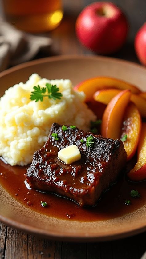 Apple Cider Braised Short Ribs with Mashed Potatoes Cider Braised Short Ribs, Braised Short Ribs Recipe, Best Apple Cider, Colorful Carrots, Thanksgiving 2024, Hearty Casseroles, With Mashed Potatoes, Braised Short Ribs, Italian Dinner