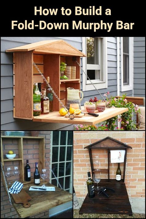 Outdoor Murphy Bar, Murphy Bar Indoor, Outdoor Bar Tops, Wall Mounted Bar Cabinet, Outdoor Bar Counter, Backyard Bar Shed, Cottage Addition, Murphy Bar, Pull Down Bar