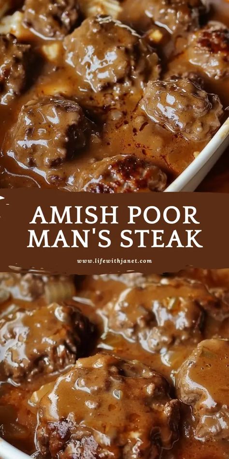 Amish Poor Man's Steak Hamburger Meat Supper Ideas, Quick Dinners With Hamburger Meat, Best Family Meals Easy Dinners, Hamburger Steak With Country Gravy, Beef Ground Recipes Easy Dinners, Amish Salisbury Steak, Poor Dinner Ideas, Heavy Meals Dinners, Amish Country Poor Man Hamburger Steak