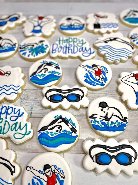 Bubble Decorated Cookies, Swim Team Cake Ideas, Swim Cookies Decorated, Swim Team Cookies Decorated, Swimming Cookies Decorated, Swimmer Cake Ideas, Swim Team Cookies, Swim Cookies, Swimming Cupcakes