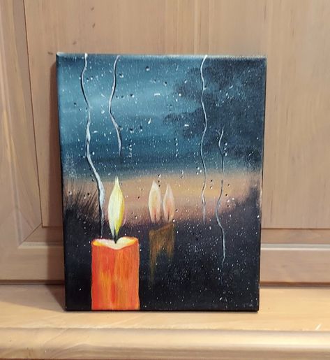 Calm Paintings Canvas, Reflection Painting Acrylic, Emotional Canvas Painting Ideas, Rainy Night Painting Easy, Scenary Paintings Canvas Acrylics, Canvas Painting Ideas Meaningful, Rainy Canvas Painting, Rainy Acrylic Painting, Candle Painting Ideas On Canvas