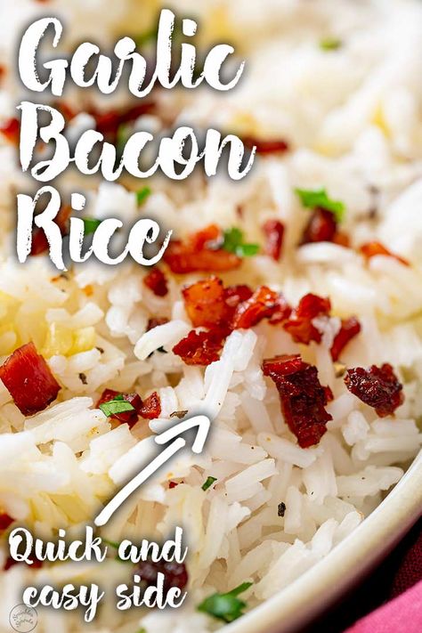 When you need a delicious and easy side dish, this Garlic Bacon Rice is perfect. With crispy bacon, plenty of mellow garlic, and fluffy white rice, your whole family will love this super simple side dish that works with so many different meals. If you want to know how to cook rice with flavor, then look no further, this dish is yummy enough that you can eat it on its own! Serve this flavored white rice with some creamy chicken, grilled chicken thighs, or seared steak. Rice And Bacon Recipes, How To Flavor White Rice, Flavored White Rice, Fluffy White Rice, Bacon Rice, Sprouts Recipes, Rice Pilaf Recipe, Pilaf Recipe, White Rice Recipes