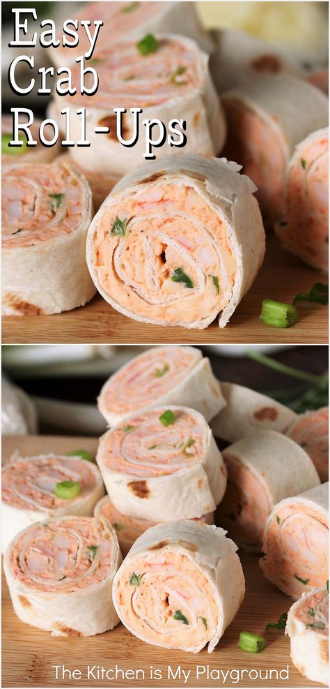 Easy Crab Roll-Ups The Kitchen Is My Playground, Crab Appetizer, Crab Rolls, Pinwheel Appetizers, Crab Dishes, Delicious Dips Recipes, Pinwheel Recipes, Appetizers Easy Finger Food, Crab Recipes