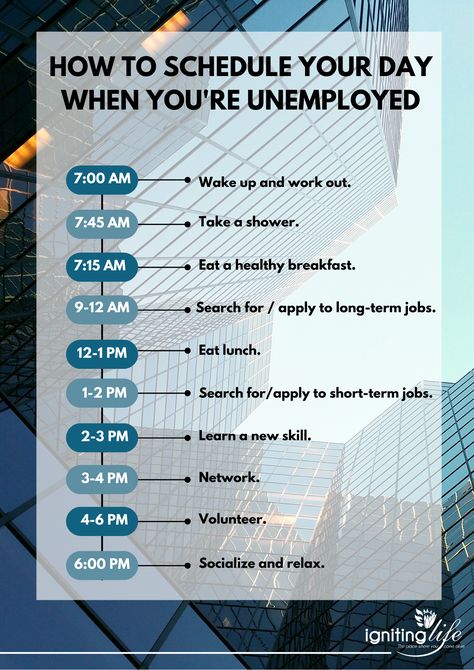 Unemployed Daily Routine, Unemployment Daily Schedule, Daily Routine Schedule Unemployed, Unemployed Schedule, Job Search Schedule, Unemployed Routine, Habit Builder, Losing A Job, 7 Day Workout