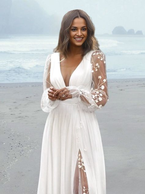 A-Line/Princess V-Neck Floor-length Wedding Dress -  #ALinePrincess #Dress #Floorlength #Vneck #Wedding Wedding Dresses Body Type, Low Key Wedding Dress Casual, Boho Summer Wedding Dress, Cheap Simple Wedding Ideas, Elopment Dresses Long, Plus Sized Wedding Dress, Secret Wedding Ideas, Flowy Long Sleeve Wedding Dress, Midsize Wedding Dresses