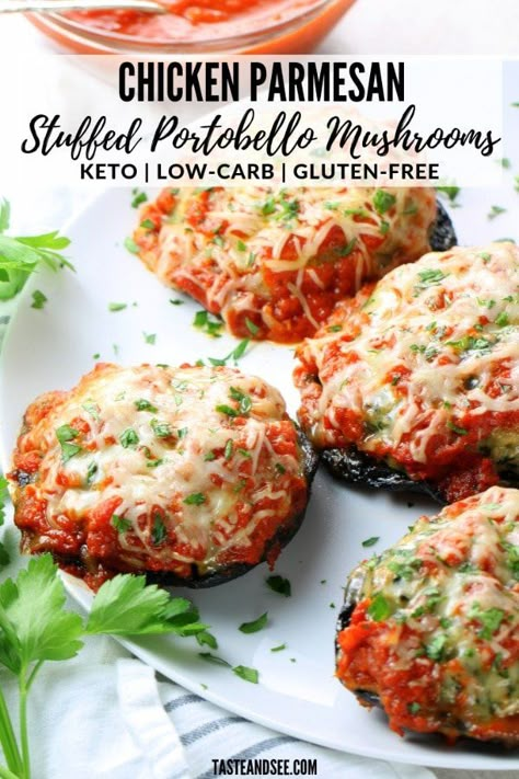 These Chicken Parmesan Stuffed Portobello Mushrooms are a delicious meal full of healthy ingredients and amazing flavors! #MushroomRecipes #Portobello #MealPlanning #GlutenFreeRecipes #LowCarbRecipes #LowCarbDinner #KetoRecipes #ChickenRecipes #TasteAndSeeFilled | With ground chicken, Parmesan cheese, spinach, fresh parsley, and spices then topped off with marinara sauce and Italian cheese. Ground Chicken Parmesan, Stuffed Portabella, Stuffed Portobello Mushrooms, Portobello Mushroom Recipes, Healthy Chicken Parmesan, Stuffed Portobello, Cheese Spinach, Stuffed Portabella Mushrooms, Italian Cheese