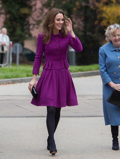 CafeMom.com : Pop of Color : 20 Times Kate Middleton Was Perfectly Posh in a Pair of Tights -- Color is not always Kate's thing, so this bright purple dress came a little out of left field. But she kept things classy and more muted on the accessories front to not overpower the eye. That's why she opted for a plain black purse, black tights, and black heels to offset the more powerful pop of purple in the gown. We know she has a stylist who is probably helping her make some of these decisions,... Bright Purple Dress, Dark Maroon Dress, Dresses With Black Tights, Neon Yellow Shorts, Navy Tights, Brown Tights, Nude Tights, Royal Clothes, Kate Middleton Pictures