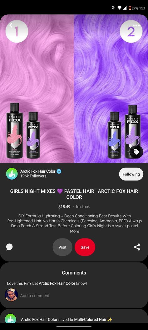 Artic Fox Mixed Colors, Arctic Fox Color Mixes, Arctic Fox Hair Dye Combinations Purple, Arctic Fox Hair Dye Combinations, Arctic Fox Periwinkle, Artic Fox Hair, Boxed Hair Color, Periwinkle Hair, Fox Hair Dye