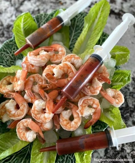 Beetlejuice Shrimp Cocktail, Halloween Dishes Party Ideas Appetizers, Halloween Shrimp Appetizers, Shrimp Halloween Appetizer, Halloween Shrimp Cocktail, Halloween Themed Meals, Halloween Shrimp, Boil Shrimp, Cocktail Shrimp