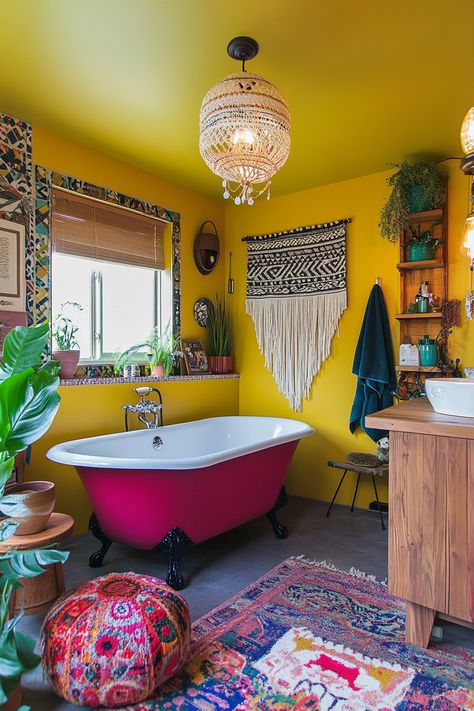 Discover modern bathroom ideas with a boho twist! This vibrant space features bold colors, eclectic decor, and a cozy vintage tub. Perfect for adding personality and warmth to your home. #BohoBathroom #InteriorDesign #ModernBathroomIdeas Orange Bathroom Ideas, Colorful Boho Bathroom, Maximalist Rooms, Maximalist Room Decor, Maximalist Bathroom, Modern Bathroom Ideas, Orange Bathroom, Vintage Tub, Orange Bathrooms