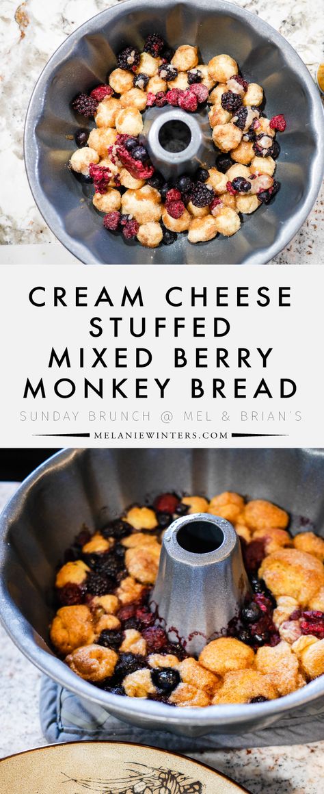 Cream Cheese Stuffed Mixed Berry Monkey Bread — MELANIEWINTERS Cream Cheese Monkey Bread Recipe, Mixed Berry Cinnamon Rolls, Cream Cheese Monkey Bread, Country Meals, Stuffed Breads, Bread Desserts, Thanksgiving Bread, Easy Monkey Bread, Cinnamon Roll Monkey Bread