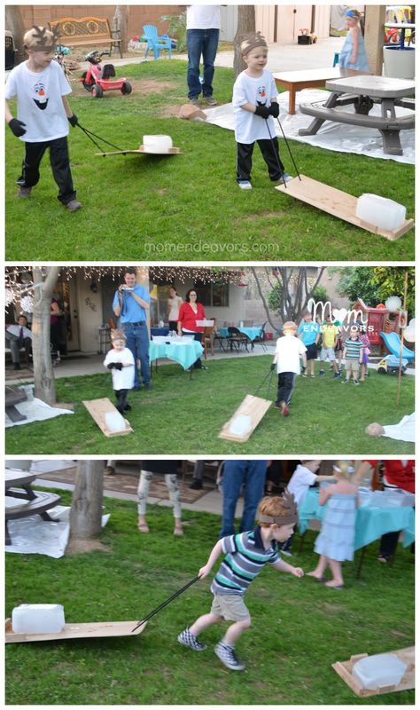 FROZEN Fun: Sven & Kristoff Ice Block Races with DIY Pull Sled - Mom Endeavors Frozen Obstacle Course, Frozen Party Outdoor, Frozen Party At The Park, Frozen Outdoor Birthday Party, Disney Frozen Birthday Party Activities, Frozen Themed Games, Frozen Birthday Games Activities, Frozen Birthday Party Kristoff, Frozen 3rd Birthday