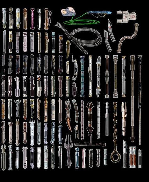 Lightsabers by Ruthborn.deviantart.com on @deviantART Unique Lightsaber, Darth Revan Lightsaber Hilt, Double Bladed Lightsaber Hilt, Curved Hilt Lightsaber, Galaxy's Edge Lightsaber, Long Handled Lightsaber, Lightsaber Design, Lightsaber Hilt, Sabre Laser