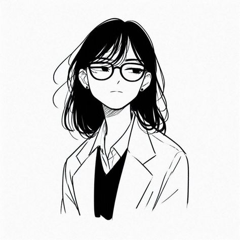 Anime Short Hair With Glasses, Drawing Animated Characters, Anime Glasses Drawing, Glasses Anime Woman, Manga Girl With Glasses, Girl With Short Hair Drawing, Girl With Glasses Pfp, Eye Glasses Drawing, Girl With Glasses Drawing