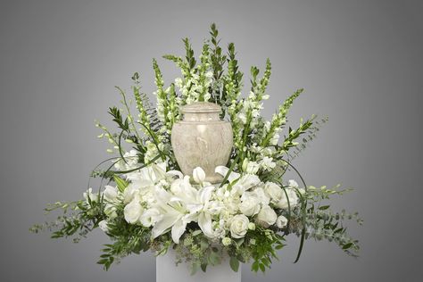 Urn Flower Arrangements, Cremation Urn Display, Memorial Urn Display, Urn Arrangements, White Urn, Flower Urn, White Floral Arrangements, Memorial Flowers, Cemetery Flowers