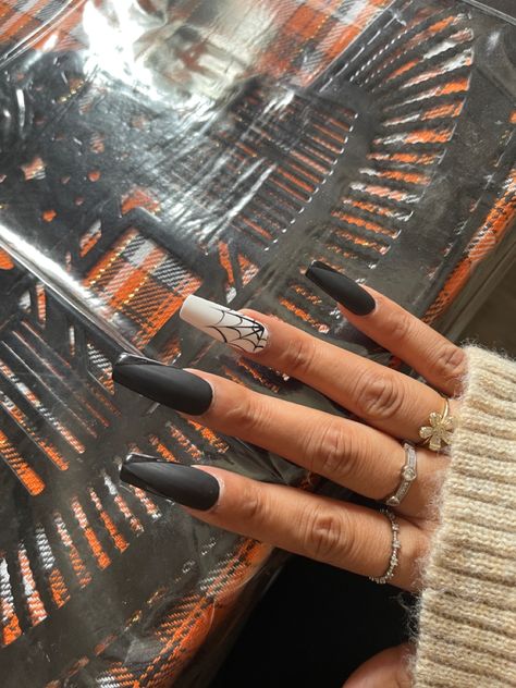 Black Tip Nails With Spider Web, Black Nails With Spider Web, Matte Spider Web Nails, Black Acrylic Nails With Spider Web, Matte Black Spiderweb Nails, Nails With Spider, Black Nails Acrylic Spider Web, Spider Web Nails, Matte Black Nails