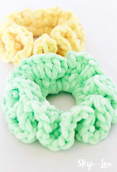 Crochet Scrunchie | Skip To My Lou Crochet Scrunchies For Hair, Yarn Scrunchies Diy, Crochet Scrunching Patterns, Easy Crochet Scrunchie Pattern, Crochet Hair Ties Ponytail Holders Free Pattern, Crochet With Hair Tie, Crocheting Hair Accessories, Hair Scrunchie Crochet, Free Crochet Patterns For Hair Scrunchies