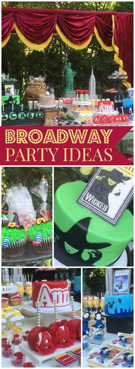 This party features Broadway kid's shows like Annie, Wicked and more! See more party ideas at CatchMyParty.com! Broadway Theatre Party Ideas, Musicals Themed Party, Musical Theatre Party Ideas, Musical Theater Birthday Party Ideas, Broadway Party Ideas, Musical Theatre Themed Party, Broadway Themed Birthday Party, Broadway Themed Party Decoration, Theater Party Ideas