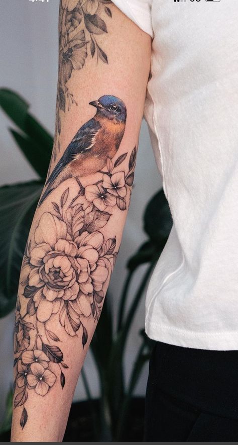 Flower And Sparrow Tattoo, Forearm Tattoo Women Birds, Bird Arm Tattoos For Women, Black And White Bird Tattoo, Robin Tattoo Black And White, Wildlife Tattoo Sleeve, Bird Flower Tattoo, Bird Arm Tattoo, Floral Bird Tattoo