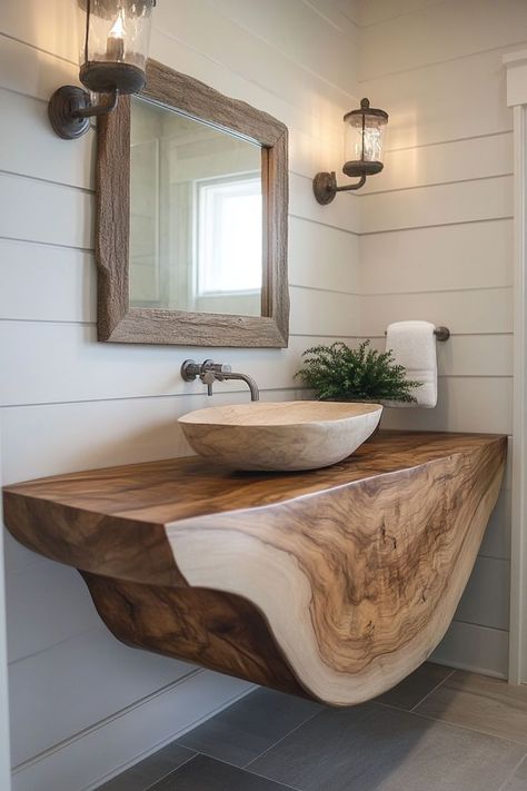 Upgrade your bathroom with a wooden vanity. A beautifully crafted wooden vanity brings warmth and a touch of nature to your bathroom space. 🛁✨🌿 #WoodenVanity #BathroomDesign #HomeDecor #NaturalElements Walnut Bathroom Vanity Rustic, Wood Bowl Bathroom Sink, Wooden Floating Basin Shelf, Wooden Cabinet Bathroom Sink, Natural Wood Vanity Bowl Sink, Wooden Bathroom Vanity, Big Timber, Unique Bathroom Vanity, Bathroom Vanity Designs