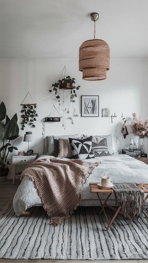 Cozy bedroom with a large bed, decorative pillows, a woven blanket, hanging plants, and a rattan light fixture. Boho Plant Bedroom, Gray Boho Bedroom, Boho Earthy Bedroom, Modern Boho Chic Bedroom, Grey Boho Bedroom, Chic Boho Bedroom, Boho Bedroom Decor Ideas, Boho Bedrooms, Monochrome Bedroom