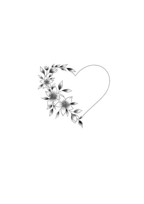 Love Heart Flower Tattoo, Love Is Tattoo, Flower Love Heart Tattoo, Heart With Flowers Tattoo Simple, Flowers In Shape Of Heart Tattoo, Heart Shaped Floral Tattoo, Flower Heart Tattoo, Engagement Tattoos, Tattoo Lily