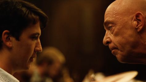 Miles Teller and J. K. Simmons as Andrew and Fletcher in Whiplash Miles Teller Whiplash, Whiplash Movie, Johnny Utah, J K Simmons, Girls Night Movies, Greatest Movies, Damien Chazelle, Film Journal, Quarter Life Crisis