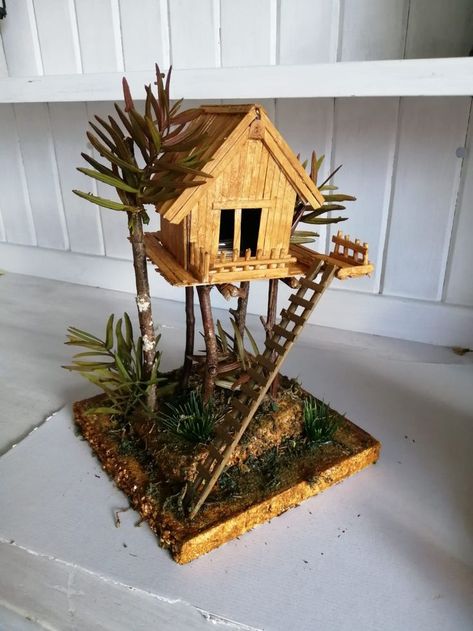 Tree house of cardboard and chopsticks Cardboard Tree House, Cardboard Treehouse, Miniature Treehouse, Mini Tree House, Miniature Tree House, Save Water Poster, Cardboard Tree, Cardboard Creations, Fairy Garden Ornaments