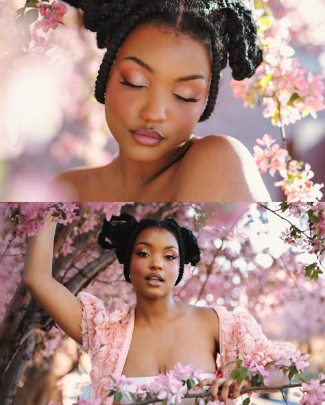 Florals, for spring? 🌸 Photography @marinawphoto Model @sierranicolerose Makeup @savanahnormanmua Afro Cottagecore, Flower Photoshoot Black Women, Spring Photoshoot Ideas, Black Feminity, Braids Inspiration, Plus Size Photography, Spring Picture, Feminine Essence, Reference Photos For Artists