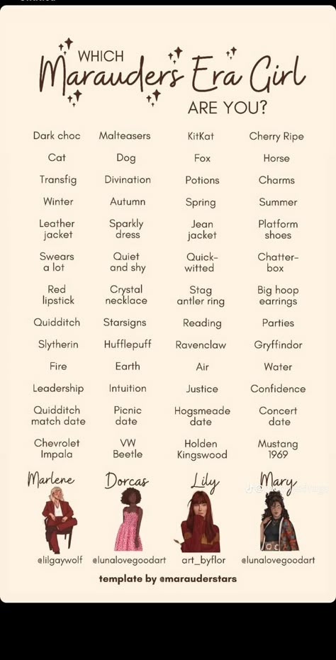 Which Marauder Are You Template, Marauders Nicknames Ideas, Which Marauders Era Character Are You, James Potter Kinnie Bingo, Which Marauder Are You, Marauders Kinnie Bingo, Harry Potter Bingo, Marauders Era Outfits, Marauders Headcanons