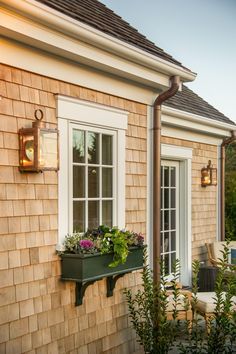 beautiful window box on garage window                                                                                                                                                                                 More Green Window Box, Exterior Window Trim Ideas, Exterior Window Trim, Cedar Shake Siding, Garage Windows, Hgtv Dream Homes, Cedar Shake, Exterior Window, Green Windows