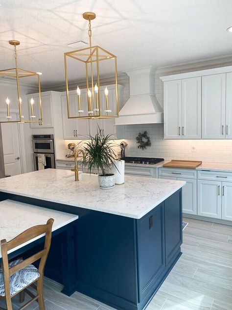 Kitchen With Navy Island, White Kitchen With Gold Accents, Kitchen With Blue Island, Kitchen With Gold Accents, Navy And White Kitchen, Light Gray Kitchen, Small Kitchen Makeovers, Navy Kitchen Cabinets, Navy Island