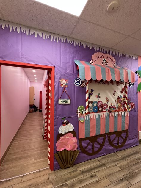 Candy Factory Decorations, Halloween Candyland Theme, Candyland Theme Door Decorations, Candy Land Classroom Door, Candyland Classroom Decorations, Candy Shop Door Decoration, Candy School Theme, Candy Land School Theme, Candy Land Prom Theme