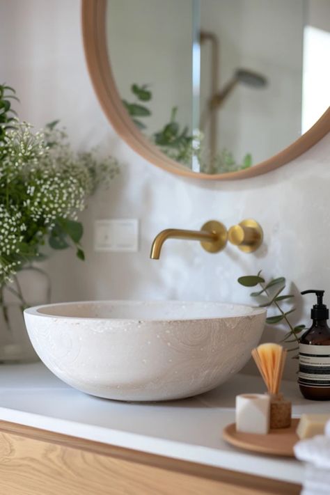 A beautifully designed countertop sink showcasing different styles ideal for modern bathrooms. This pin highlights unique sink ideas for elevating bathroom decor with 1 image. Bathroom Sink Vessel, Bathroom Bowl Sinks, Standing Sink, Bowl Bathroom Sink, Bowl Sink Bathroom, Sink Inspiration, Bathroom Sink Bowls, Free Standing Sink, Eccentric Decor