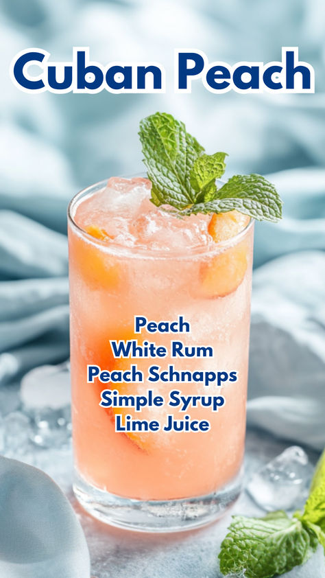 Cuban Peach White Peach Cocktail, Cocktails With Peach Schnapps, Rum Recipes Drinks, Peach Mixed Drinks, Tropical Party Drinks, Healthiest Alcoholic Drinks, Peach Rum, Bartender Drinks Recipes, Ann Louise