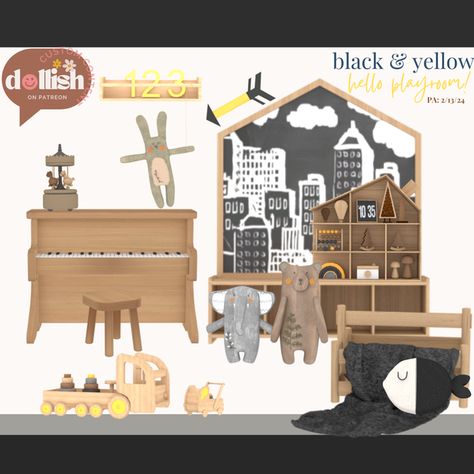 Black & Yellow, Hello! Playroom Set :) | Patreon Sims 4 Playroom, Sims 4 Content, Wooden Bins, The Sims 4 Custom Content, Sims 4 Patreon, Bee Movie, Wooden Horse, Hanging Shelves, Play House