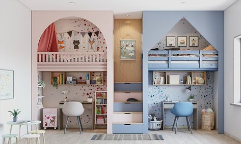 Double loft bunk bed in blue and pink with desk underneath All In One Bedroom, Best Bunk Beds, Bed With Desk Underneath, Double Loft Beds, Loft Bunk Bed, Bunk Bed For Kids, Loft Bunk, Bed Bunk, Futon Bunk Bed